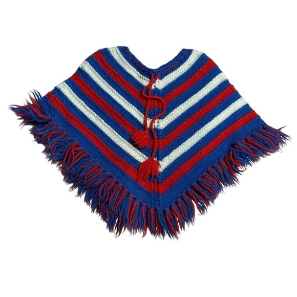 Vtg Handmade Knitted Childs Poncho With Fringe Trim Bold Stripes Red White Blue - Picture 1 of 6